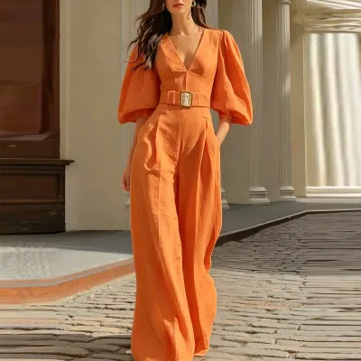 Women Fashion Casual Elegant Solid Color Deep V-Neck Puff Sleeve Loose Jumpsuits