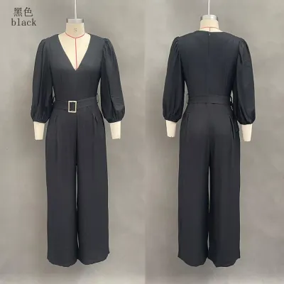Women Fashion Casual Elegant Solid Color Deep V-Neck Puff Sleeve Loose Jumpsuits