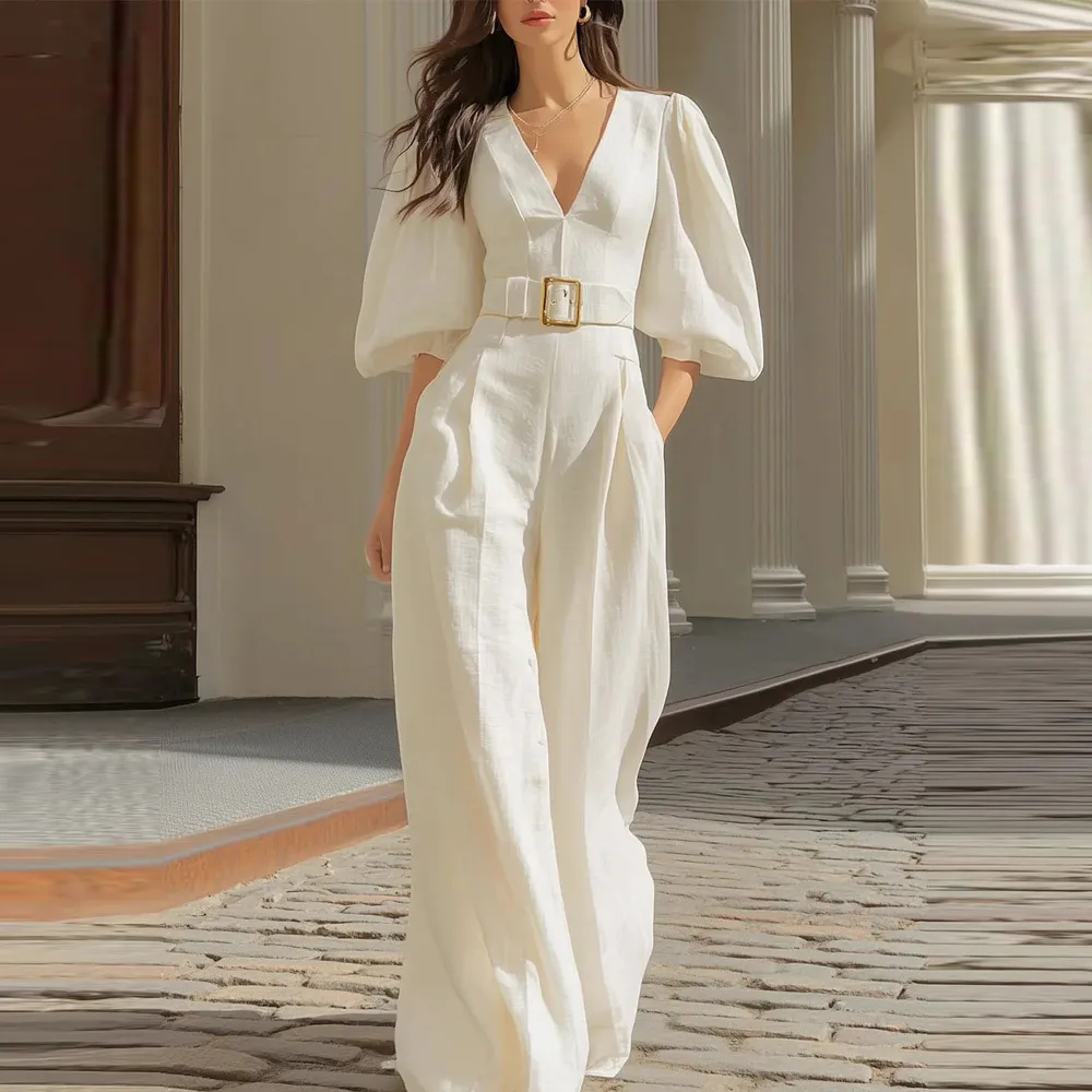 Women Fashion Casual Elegant Solid Color Deep V-Neck Puff Sleeve Loose Jumpsuits