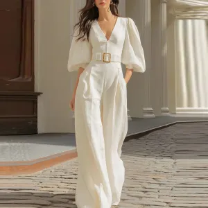 Women Fashion Casual Elegant Solid Color Deep V-Neck Puff Sleeve Loose Jumpsuits