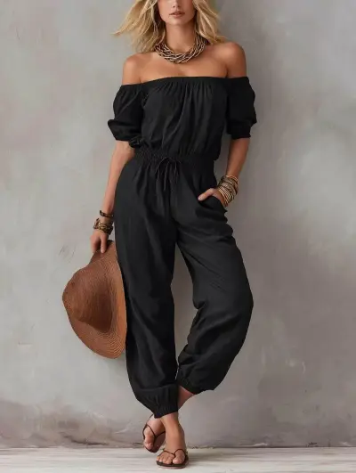 Women Fashion Solid Color Off-Shoulder Short-Sleeve Waist Lace-Up Loose Jumpsuit