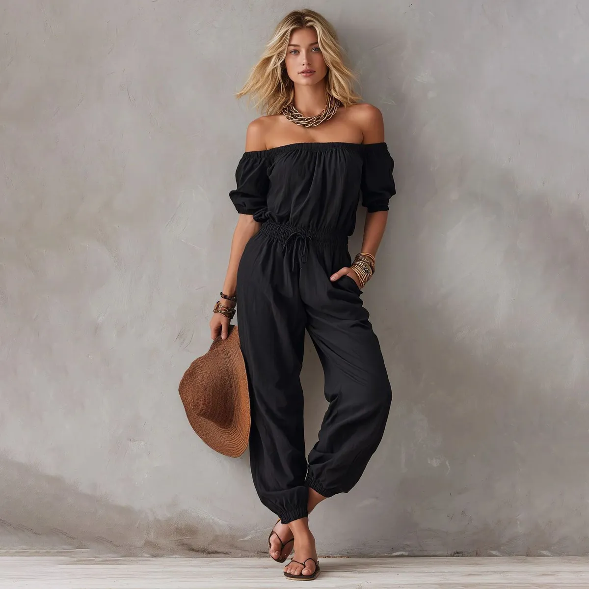 Women Fashion Solid Color Off-Shoulder Short-Sleeve Waist Lace-Up Loose Jumpsuit