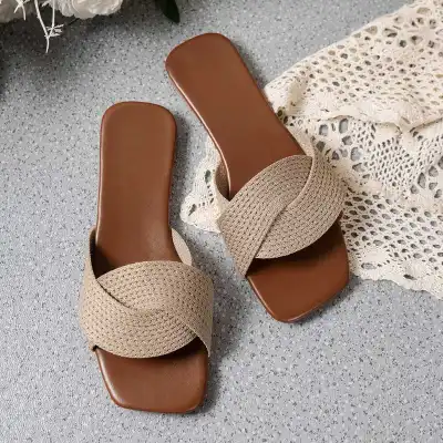 Women Fashion Casual Summer Solid Color Cross-Strap Square-Toe Flat Beach Slippers