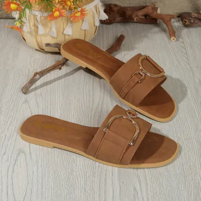 Women Fashion Casual Solid Color Sqare-Toe Flat Slippers