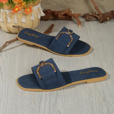 Women Fashion Casual Solid Color Sqare-Toe Flat Slippers
