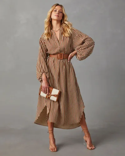 Women Fashion Casual Spring Stripe V-Neck Long Sleeve Loose Dress