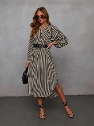 Women Fashion Casual Spring Stripe V-Neck Long Sleeve Loose Dress