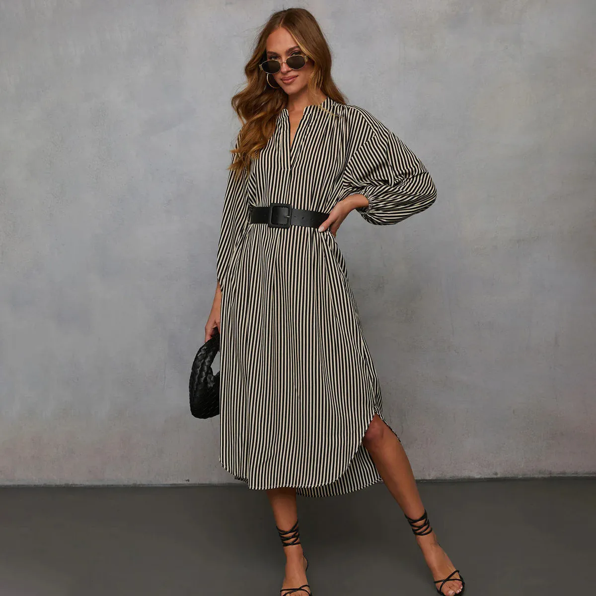 Women Fashion Casual Spring Stripe V-Neck Long Sleeve Loose Dress