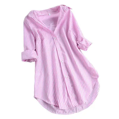 Women Fashion Casual Stripe Lapel Long Sleeve Loose Blouse