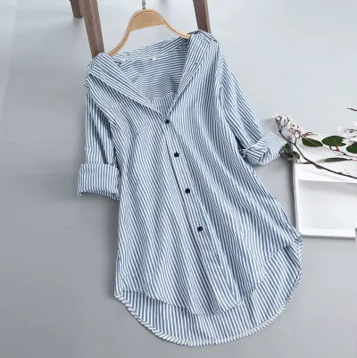 Women Fashion Casual Stripe Lapel Long Sleeve Loose Blouse
