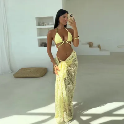 Vacation Women Fashion Bikini And Lace Cover-Ups Swimsuit Three-Piece Set