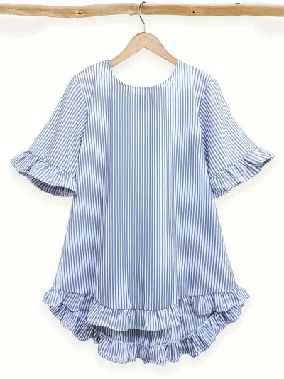 Women Fashion Casual Stripe Half Sleeve Loose Ruffled Blouse