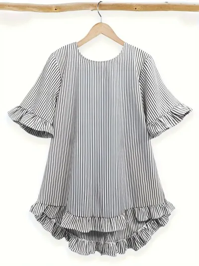 Women Fashion Casual Stripe Half Sleeve Loose Ruffled Blouse