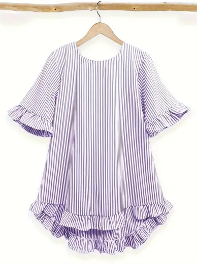 Women Fashion Casual Stripe Half Sleeve Loose Ruffled Blouse
