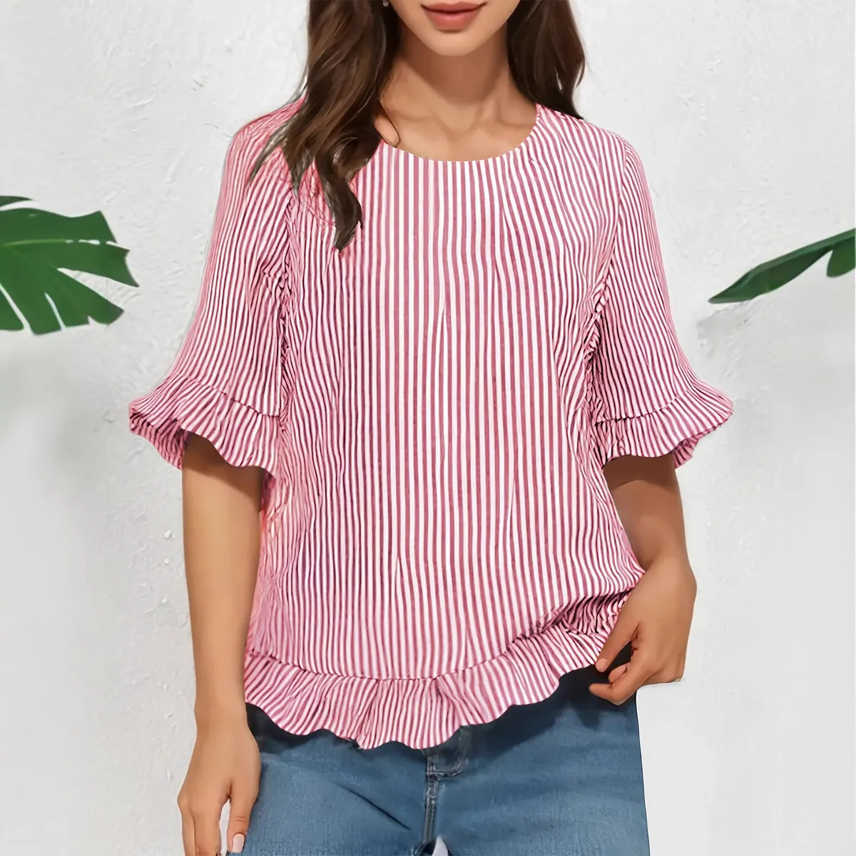Women Fashion Casual Stripe Half Sleeve Loose Ruffled Blouse