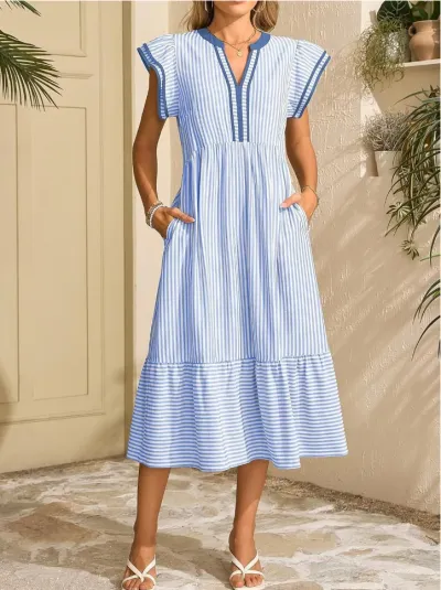 Women Fashion Casual Stripe Ruffled V-Neck Short-Sleeve Loose Dress