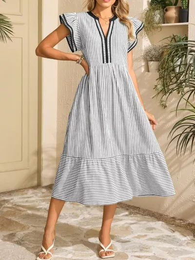 Women Fashion Casual Stripe Ruffled V-Neck Short-Sleeve Loose Dress
