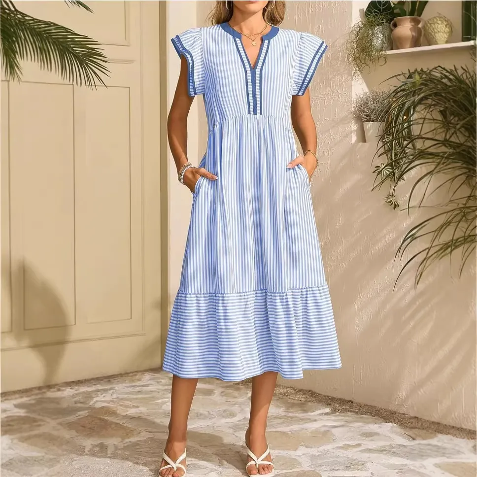Women Fashion Casual Stripe Ruffled V-Neck Short-Sleeve Loose Dress