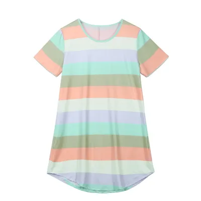 Women Fashion Casual Spring And Summer Rainbow Stripe Short-Sleeve Loose Dress