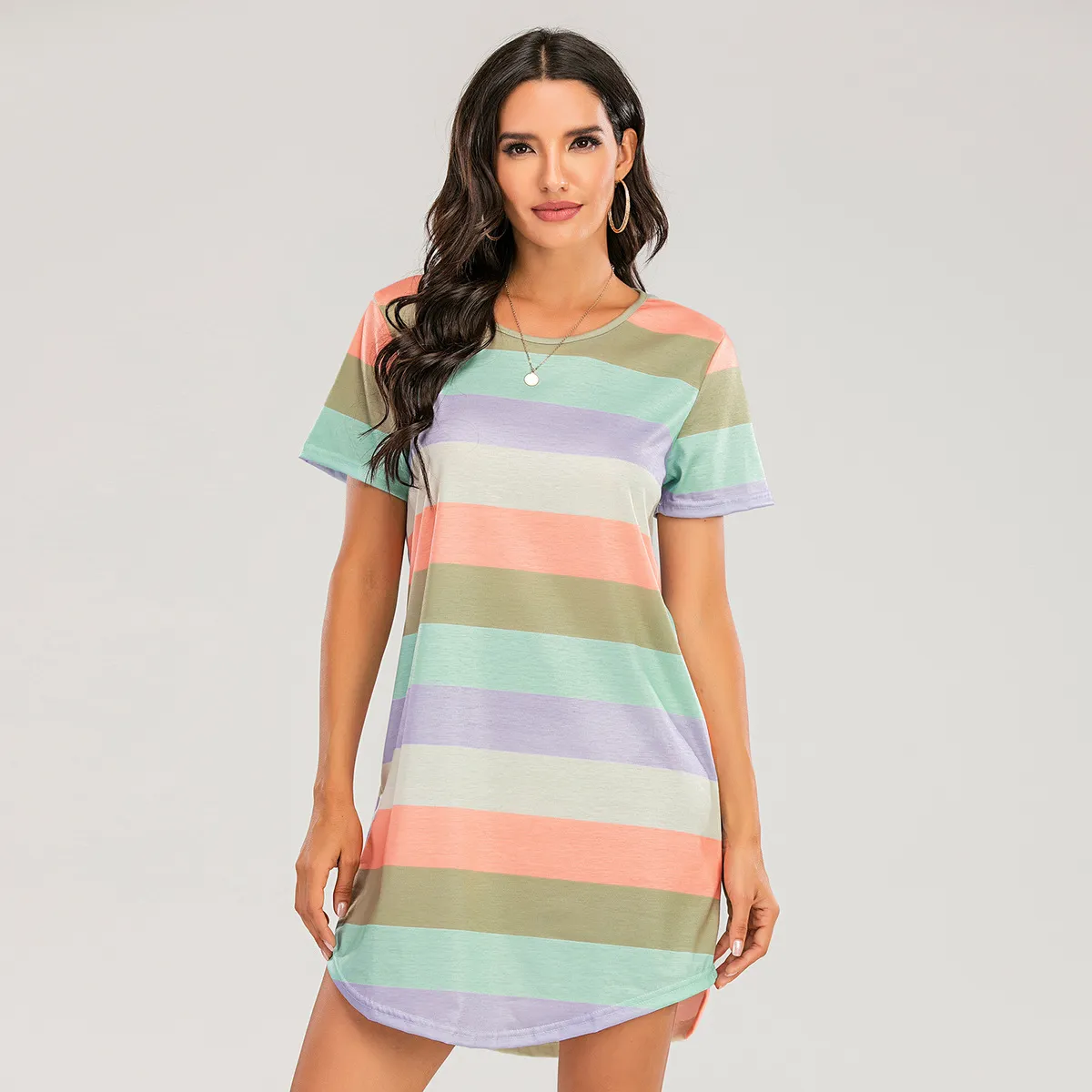 Women Fashion Casual Spring And Summer Rainbow Stripe Short-Sleeve Loose Dress