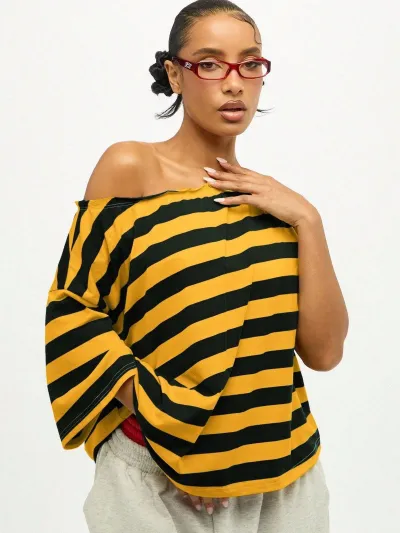 Women Fashion Casual Stripe Slanted Shoulder Short-Sleeve Loose T-Shirt