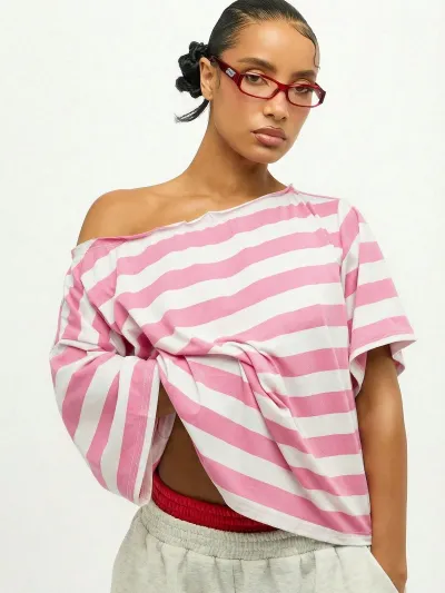 Women Fashion Casual Stripe Slanted Shoulder Short-Sleeve Loose T-Shirt