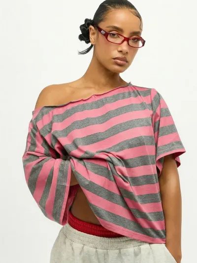 Women Fashion Casual Stripe Slanted Shoulder Short-Sleeve Loose T-Shirt