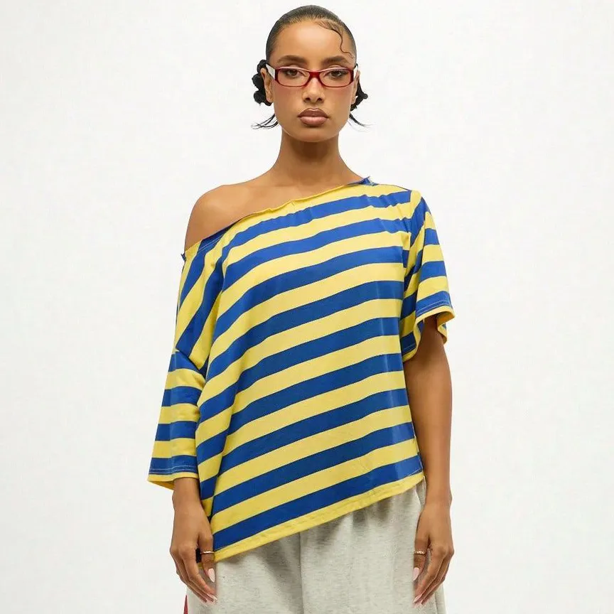 Women Fashion Casual Stripe Slanted Shoulder Short-Sleeve Loose T-Shirt