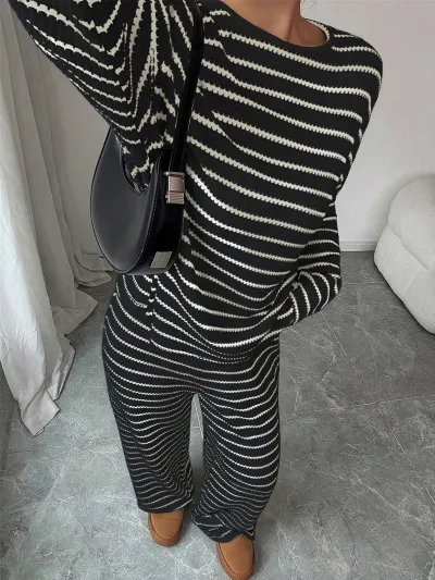 Women Fashion Casual Autumn Stripe Round-Neck Long Sleeve Sweatshirt Loose Pants Two-Piece Set
