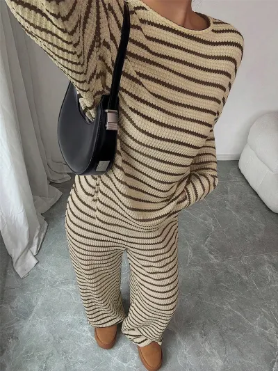 Women Fashion Casual Autumn Stripe Round-Neck Long Sleeve Sweatshirt Loose Pants Two-Piece Set