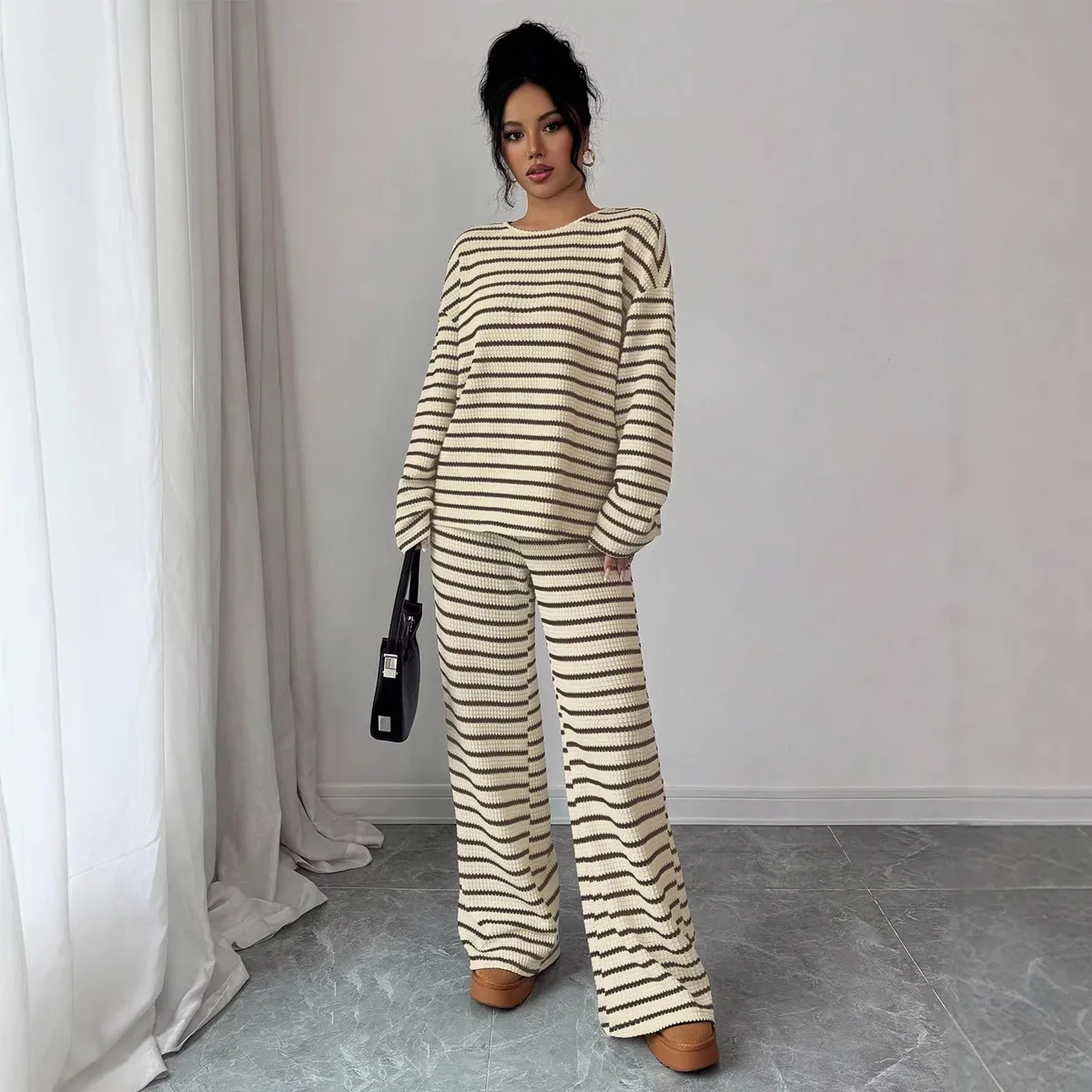 Women Fashion Casual Autumn Stripe Round-Neck Long Sleeve Sweatshirt Loose Pants Two-Piece Set