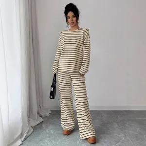 Women Fashion Casual Autumn Stripe Round-Neck Long Sleeve Sweatshirt Loose Pants Two-Piece Set