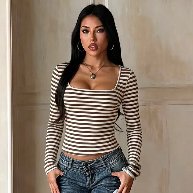 Women Fashion Casual Stripe Square Neck Long-Sleeve Slim-Fit T-Shirt