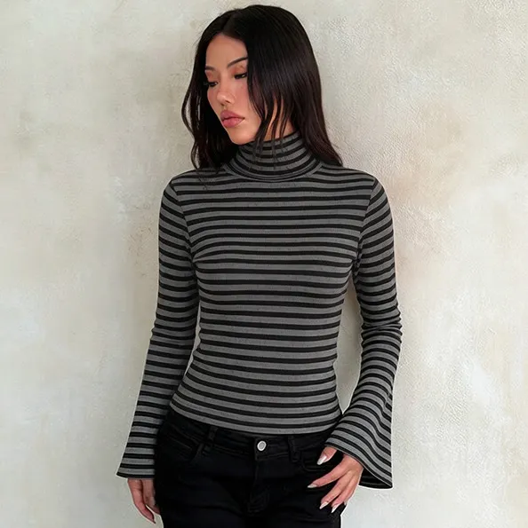 Women Fashion Casual Stripe High Collar Long-Sleeve Backless T-Shirt