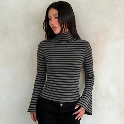 Women Fashion Casual Stripe High Collar Long-Sleeve Backless T-Shirt