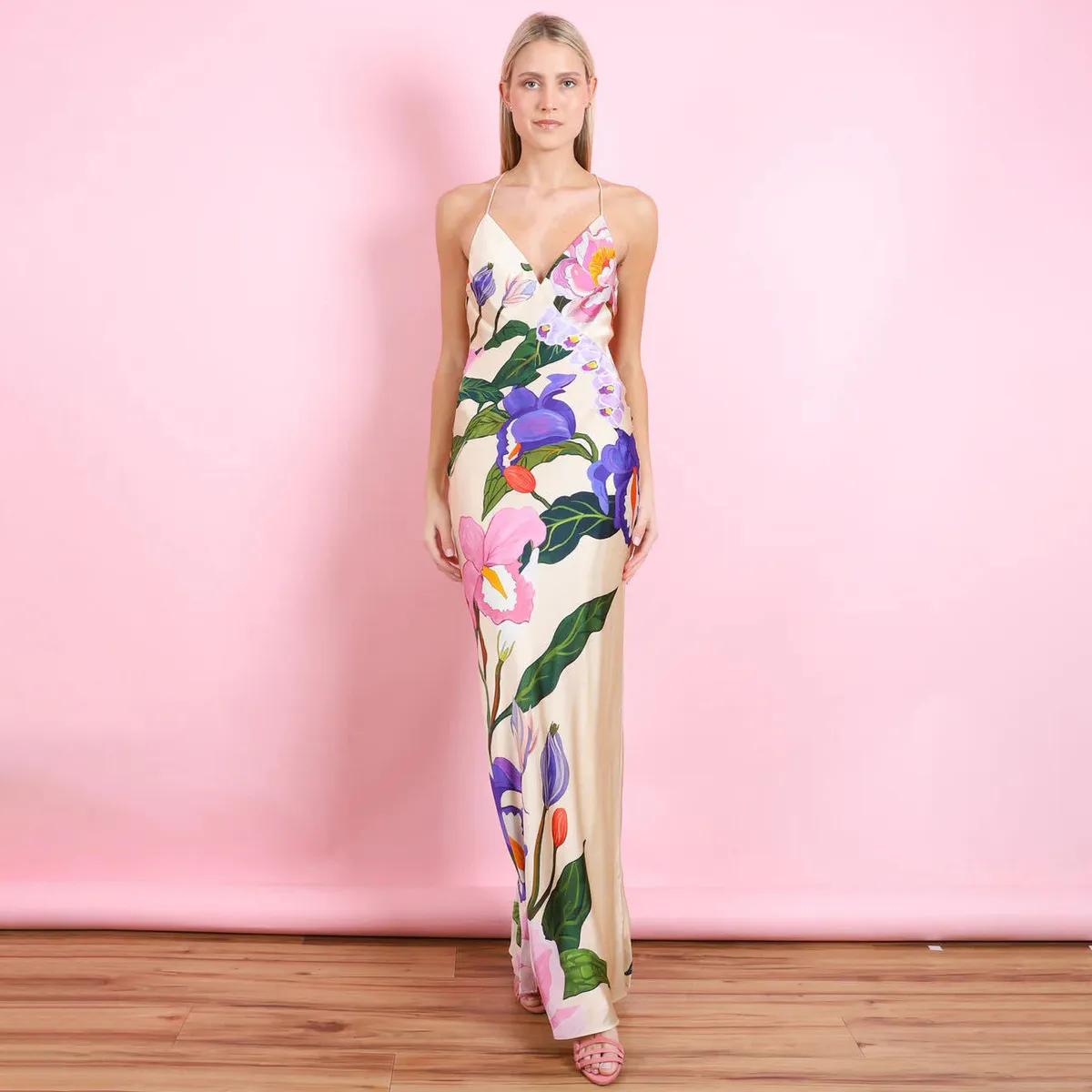 Women Fashion Sexy Summer Flower Printed Spaghetti Strap Backless Dress