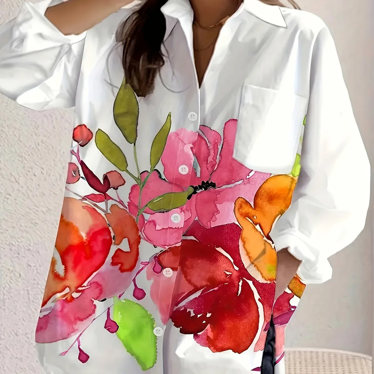 Women Fashion Casual Flower Print Lapel Long Sleeve Loose Blouse