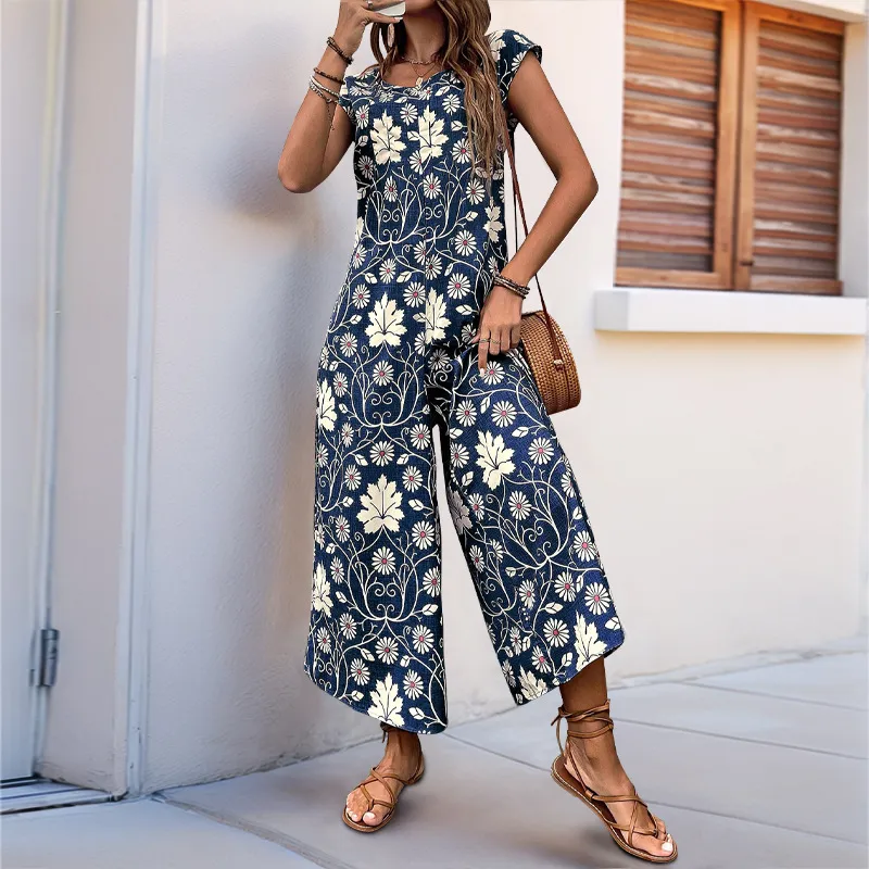 Women Fashion Casual Summer Flower Printed Short-Sleeve Loose Jumpsuit
