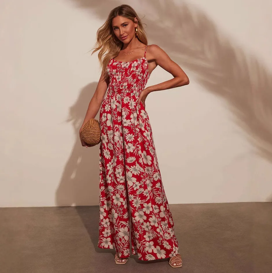 Women Fashion Flower Printed Spaghetti Strap High Waist Loose Jumpsuits