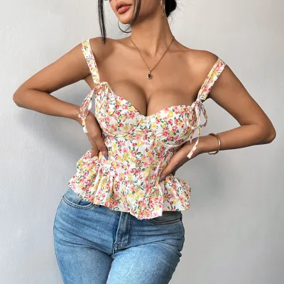 Women Fashion Sexy Summer Flower Printed Ruffled Tank Top