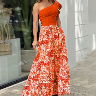 Women Fashion Sexy Slanted Shoulder Crop Top Flower Printed Maxi Loose Skirt Two-Piece Set