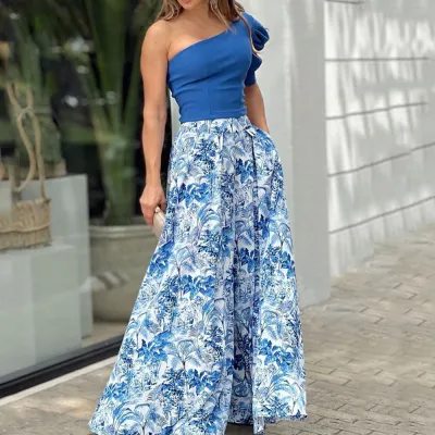 Women Fashion Sexy Slanted Shoulder Crop Top Flower Printed Maxi Loose Skirt Two-Piece Set