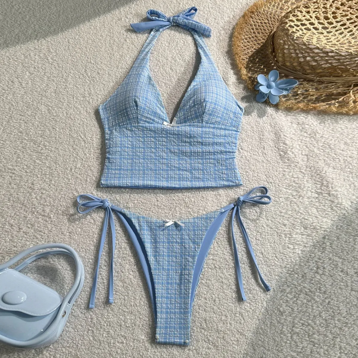 Women'S Fashion Plaid Print Neck Tankinis Swimsuit