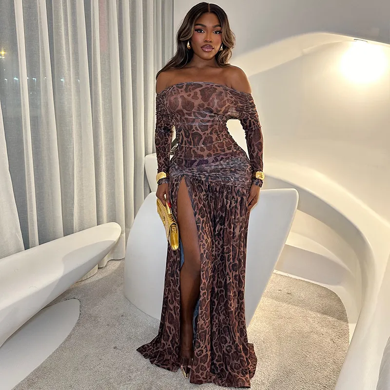 Women Fashion Sexy Leopard Off-Shoulder Long Sleeve Side Split Backless A-Line Dress