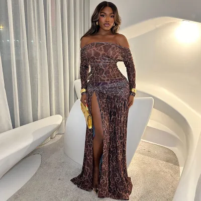 Women Fashion Sexy Leopard Off-Shoulder Long Sleeve Side Split Backless A-Line Dress