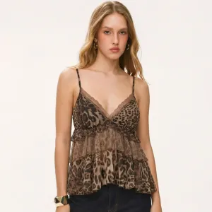 Women Fashion Sexy Summer Leopard Chiffon V-Neck Ruffle Mesh Camisole