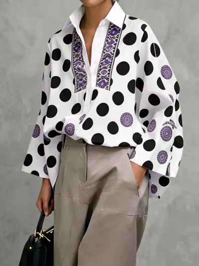 Women Fashion Casual Polka Dot Print Lapel Long-Sleeve Blouse