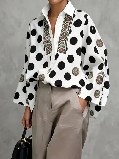 Women Fashion Casual Polka Dot Print Lapel Long-Sleeve Blouse