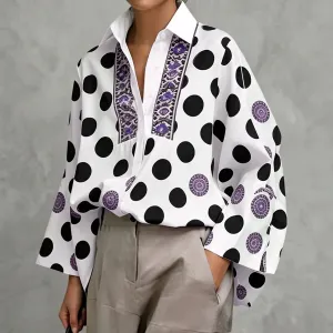 Women Fashion Casual Polka Dot Print Lapel Long-Sleeve Blouse