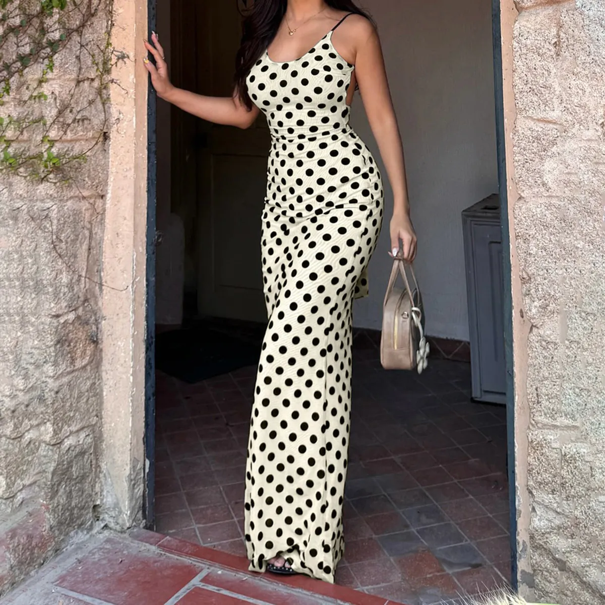 Women Fashion Sexy Polka Dot Print Spaghetti Strap Backless Dress